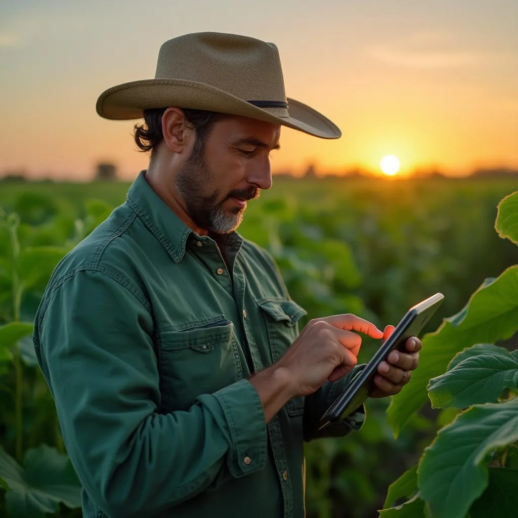 Agricultor utilizando tablet en campo de cultivo